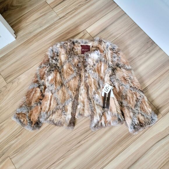 🆕️ 525 America Luxe Genuine Dyed Rabbit Fur Checker Crop Open Jacket Tan & Grey - Picture 1 of 12
